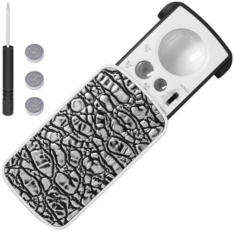 AFUNTA Jewelry Loupe Magnifier with LED Light, AFUNTA 30X,60X,90X Pocket Magnifying Glass for Rocks Stamps Coins Watches Hobbies Antiques Models Photos - Silver - Image 1